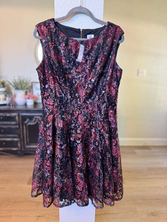 Dressbarn Dresses & Skirts - Dressbarn Floral Lace Sleeveless A-Line Midi Dress Black Red Size 12